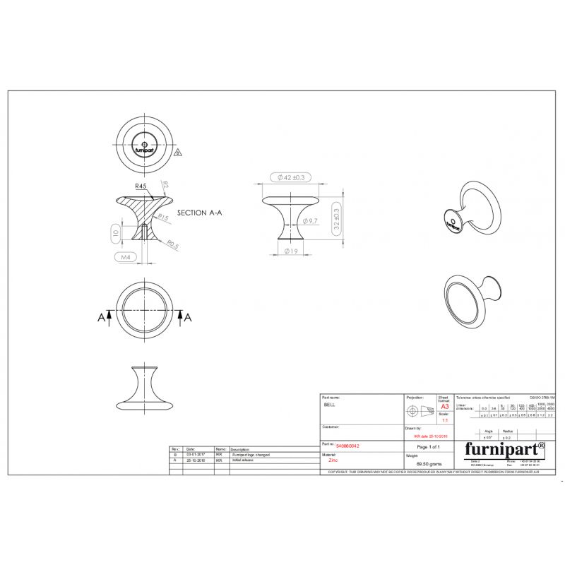 Bouton de meuble Bell fer antique