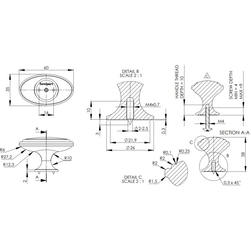 Bouton de meuble Oval look inox