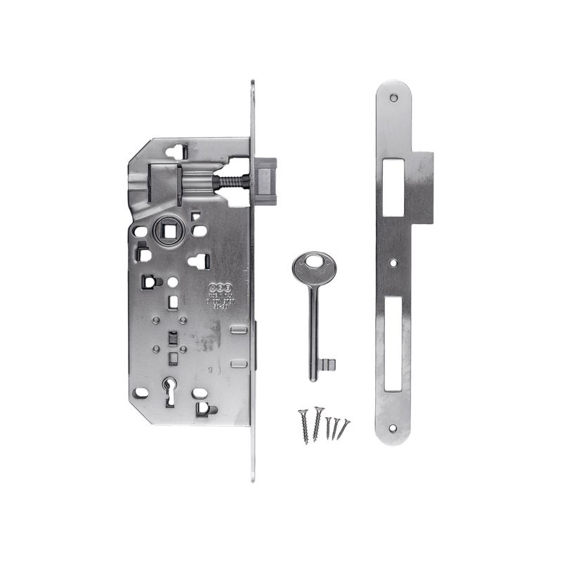 Kit serrure AGB Clé de chambre L inox avec contre-plaque étroite droite
